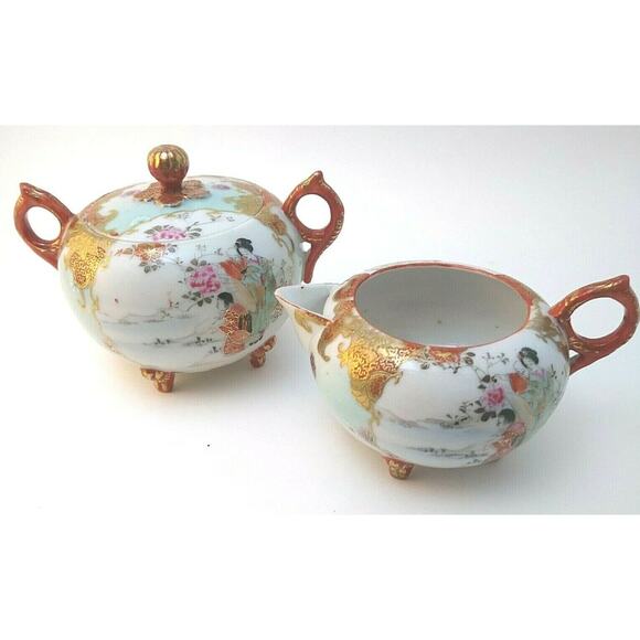 Hand Painted Japanese Geisha Girl Sugar Bowl & Creamer - Picture 1 of 12
